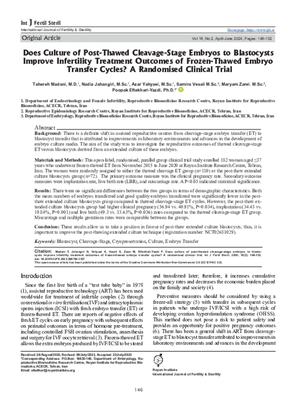 First page of “Does The Culture of Post-Thawed Cleavage-Stage Embryos to Blastocysts Improve Infertility Treatment Outcomes of Frozen-Thawed Embryo Transfer Cycles? A Randomised Clinical Trial”