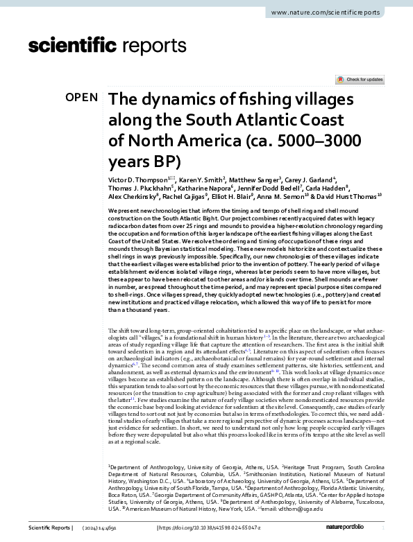 First page of “The dynamics of fishing villages along the South Atlantic Coast of North America (ca. 5000–3000 years BP)”