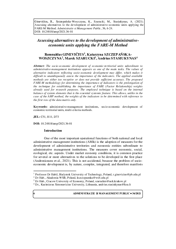 First page of “Assessing alternatives to the development of administrativeeconomic units applying the FARE-M Method”