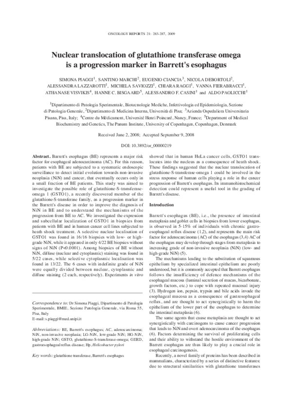 First page of “Nuclear translocation of glutathione transferase omega is a progression marker in Barrett's esophagus”