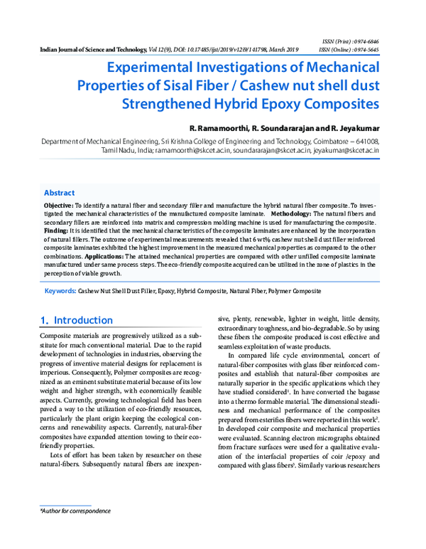 First page of “Experimental Investigations of Mechanical Properties of Sisal Fiber / Cashew nut shell dust Strengthened Hybrid Epoxy Composites”