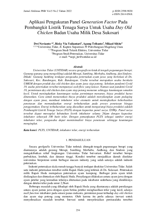 First page of “Aplikasi Pengukuran Panel Generation Factor Pada Pembangkit Listrik Tenaga Surya Untuk Usaha Day Old Chicken Badan Usaha Milik Desa Sukosari”