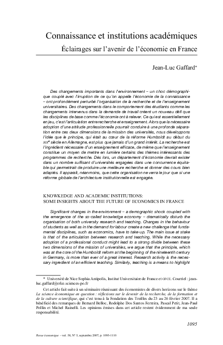 First page of “Connaissance et institutions académiques: éclairages sur l'avenir de l'économie en france”