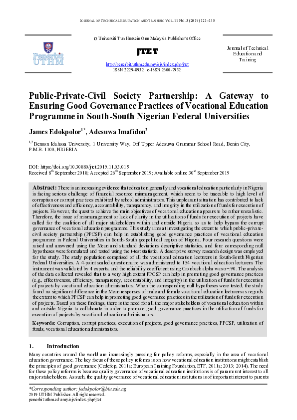 First page of “Public-private-civil society partnership: A gateway to ensuring good governance practices of vocational education in Federal Universities in South-South, Nigeria”