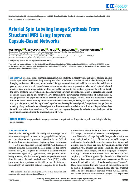 First page of “Arterial Spin Labeling Image Synthesis From Structural MRI Using Improved Capsule-Based Networks”