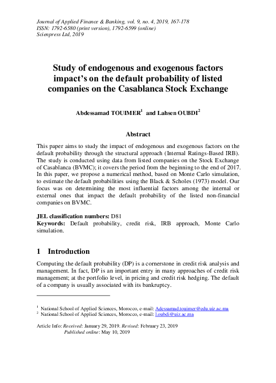 First page of “Study of endogenous and exogenous factors impactâ€™s on the default probability of listed companies on the Casablanca Stock Exchange”