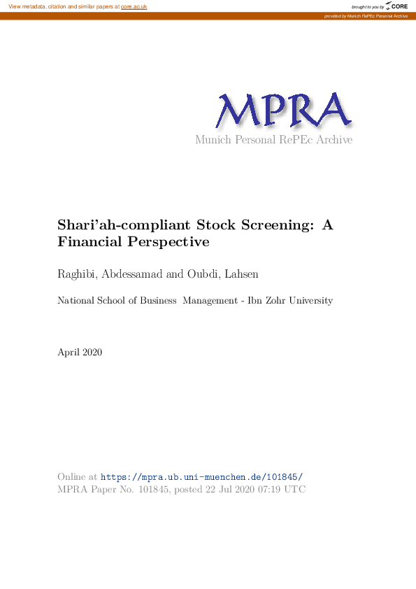 First page of “Shari’ah-compliant Stock Screening: A Financial Perspective”