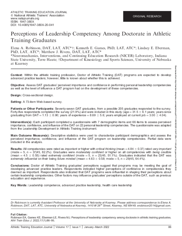 First page of “Perceptions of Leadership Competency Among Doctorate in Athletic Training Graduates”