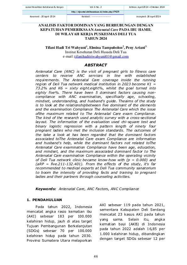 First page of “ANALISIS FAKTOR DOMINAN YANG BERHUBUNGAN DENGAN KEPATUHAN PEMERIKSAAN Antenatal Care DI WILAYAH KERJA PUSKESMAS DELI TUA TAHUN 2024”