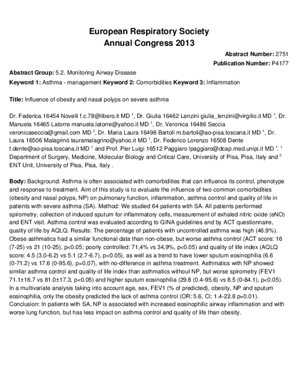 First page of “Influence of obesity and nasal polyps on severe asthma”