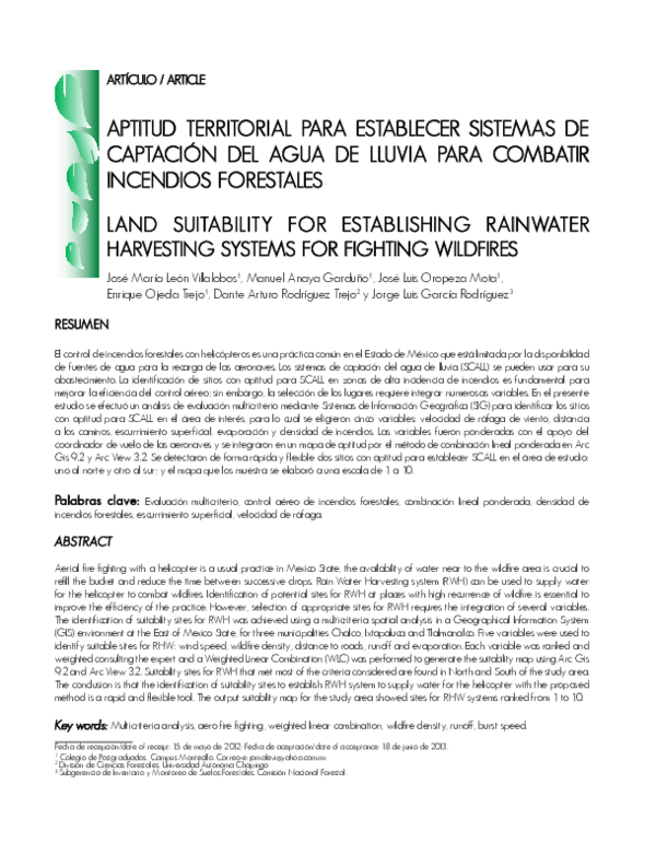 First page of “Aptitud Territorial Para Establecer Sistemas De Captación Del Agua De Lluvia Para Combatir Incendios Forestales”