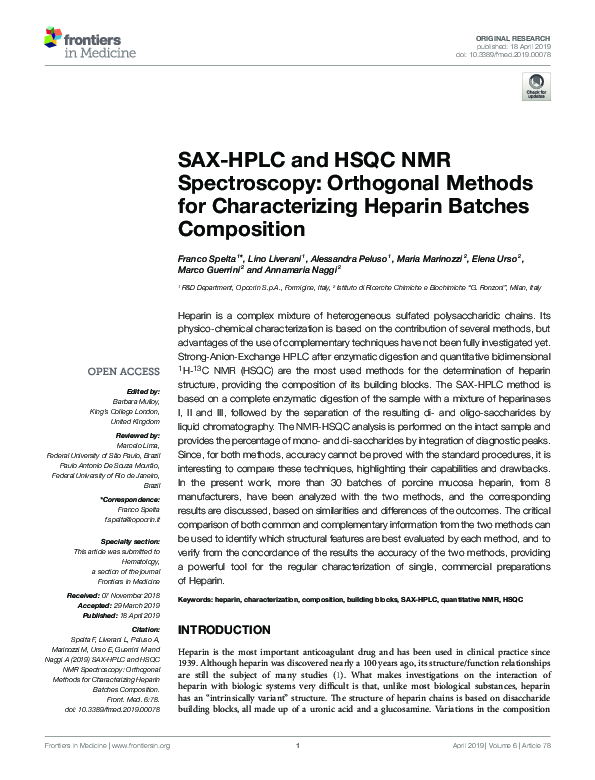 First page of “SAX-HPLC and HSQC NMR Spectroscopy: Orthogonal Methods for Characterizing Heparin Batches Composition”