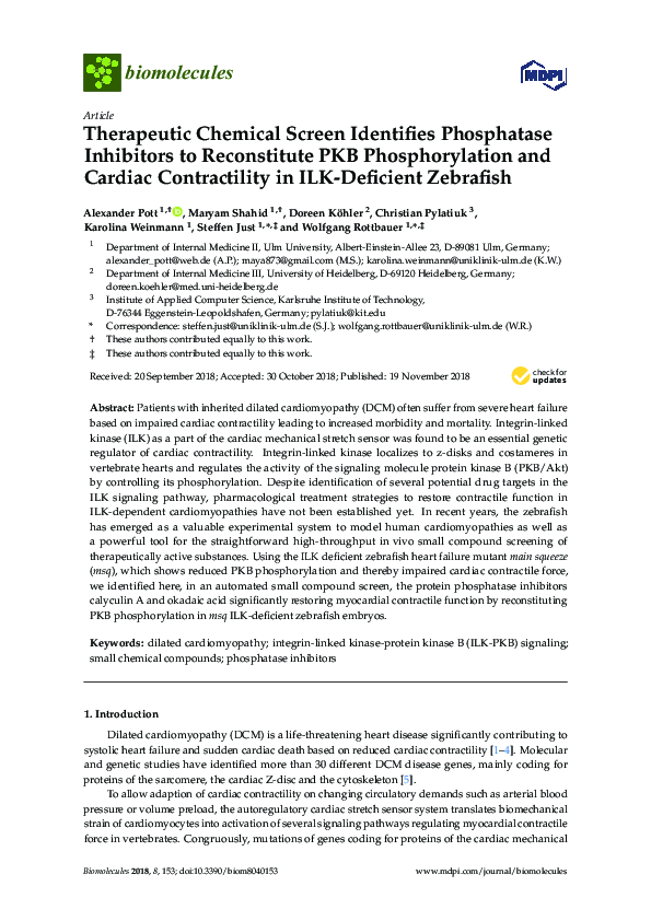 First page of “Therapeutic Chemical Screen Identifies Phosphatase Inhibitors to Reconstitute PKB Phosphorylation and Cardiac Contractility in ILK-Deficient Zebrafish”