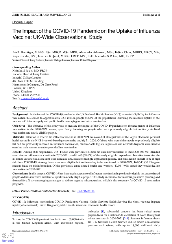 First page of “The Impact of the Covid-19 Pandemic on Uptake of Influenza Vaccine: A UK-Wide Observational Study”