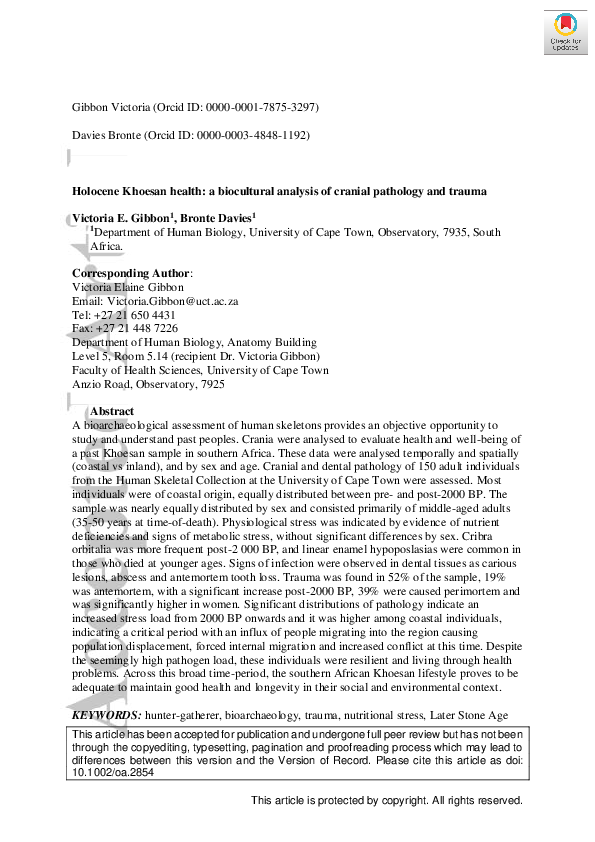 First page of “Holocene Khoesan health: a biocultural analysis of cranial pathology and trauma”