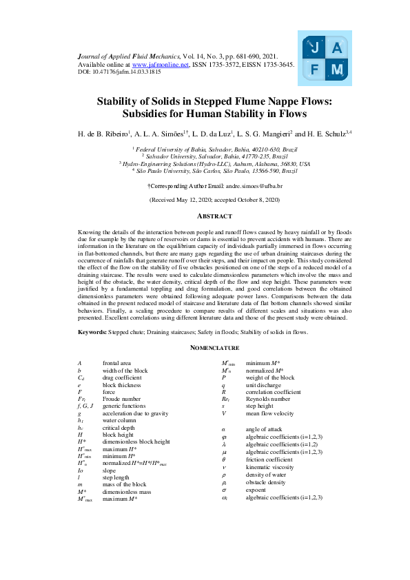 First page of “Stability of Solids in Stepped Flume Nappe Flows: Subsidies for Human Stability in Flows”