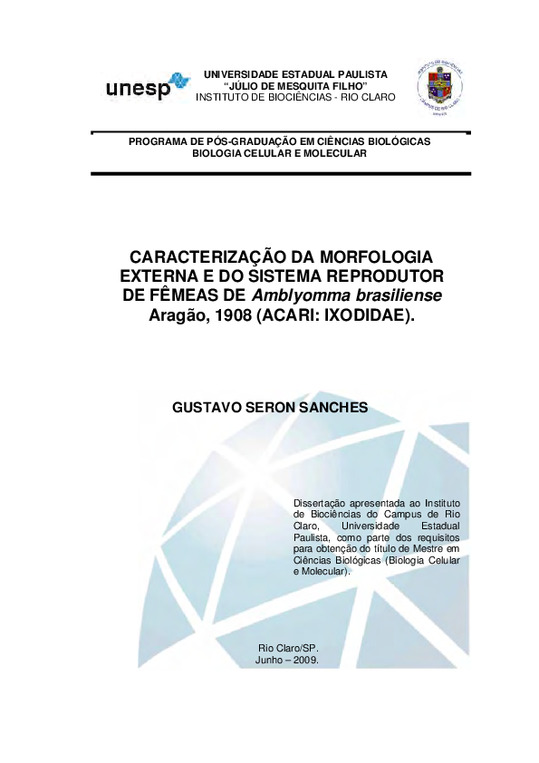 First page of “CARACTERIZAÇÃO DA MORFOLOGIA EXTERNA E DO SISTEMA REPRODUTOR DE FÊMEAS DE Amblyomma brasiliense Aragão, 1908 (ACARI: IXODIDAE) …”