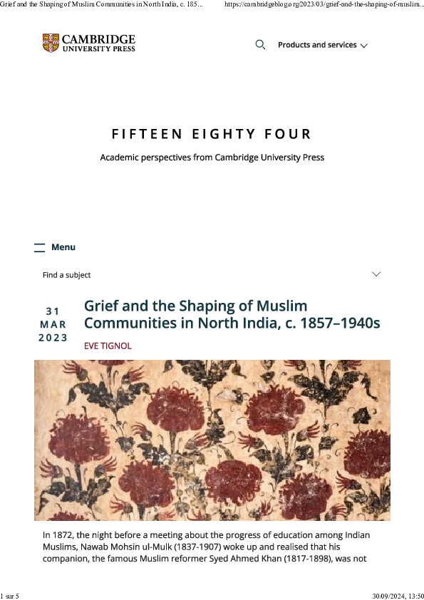 First page of “Grief and the Shaping of Muslim Communities in North India Blog post”