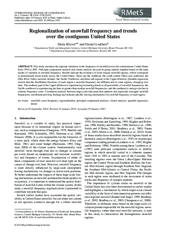 First page of “Regionalization of snowfall frequency and trends over the contiguous United States”