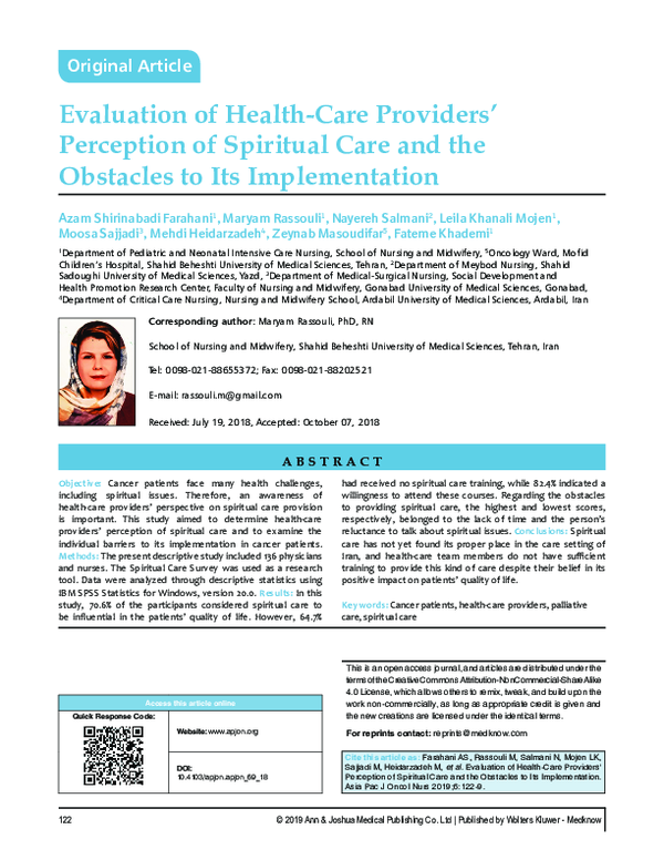 First page of “Evaluation of Health-Care Providers' Perception of Spiritual Care and the Obstacles to Its Implementation”