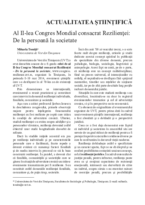 First page of “Al II-lea Congres Mondial consacrat Rezilienței: de la persoană la societate”