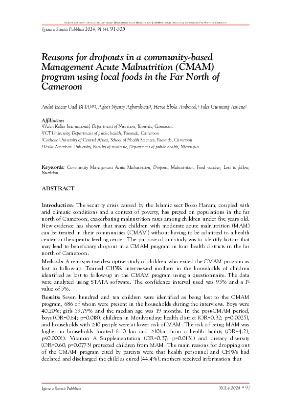 First page of “Reasons for dropouts in a community-based Management Acute Malnutrition (CMAM) program using local foods in the Far North of Cameroon”