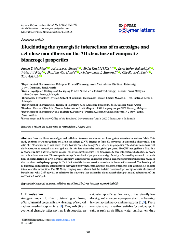 First page of “Elucidating the synergistic interactions of macroalgae and cellulose nanofibers on the 3D structure of composite bioaerogel properties”