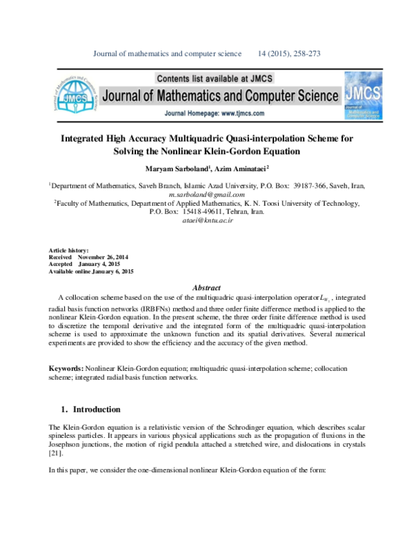 First page of “Integrated High Accuracy Multiquadric Quasi-interpolation Scheme For Solving The Nonlinear Klein-gordon Equation”