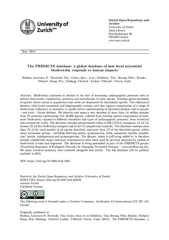 First page of “The PREDICTS database: a global database of how local terrestrial biodiversity responds to human impacts”