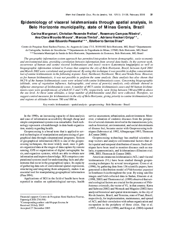 First page of “Epidemiology of visceral leishmaniasis through spatial analysis, in Belo Horizonte municipality, state of Minas Gerais, Brazil”