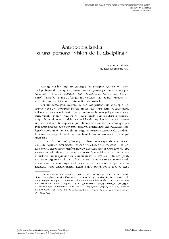 First page of “Antropologilandia o una personal visión de la disciplina”