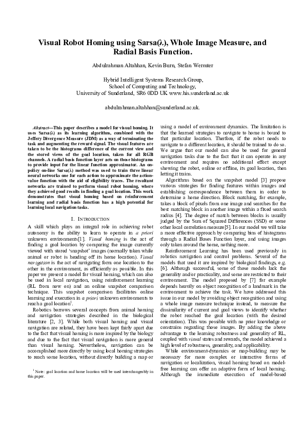 First page of “Visual robot homing using Sarsa(&#x03BB;), whole image measure, and radial basis function”