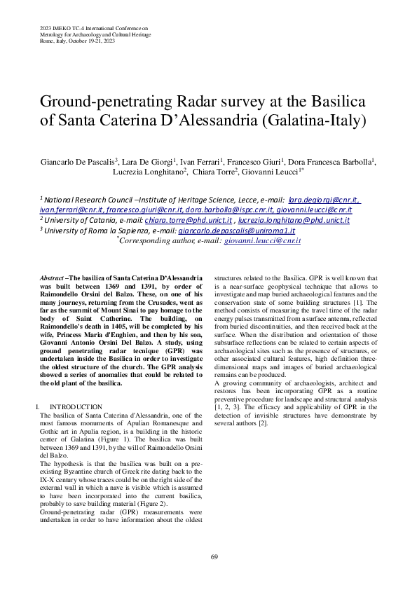 First page of “Ground-penetrating Radar survey at the Basilica of Santa Caterina D\'Alessandria (Galatina-Italy)”