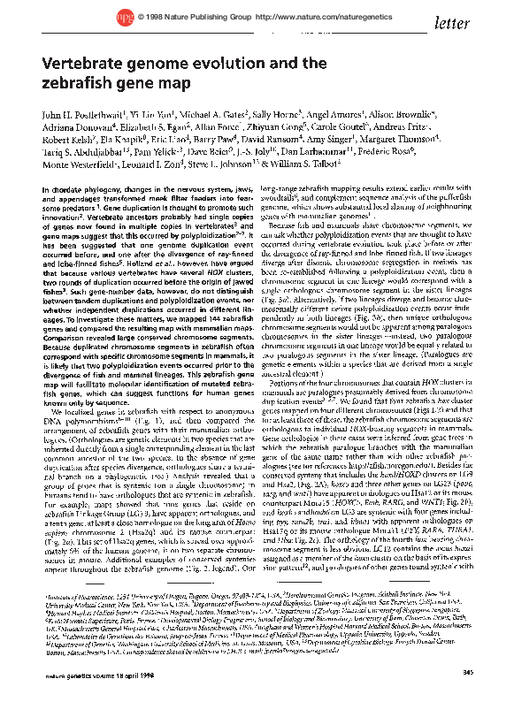 First page of “Vertebrate genome evolution and the zebrafish gene map”