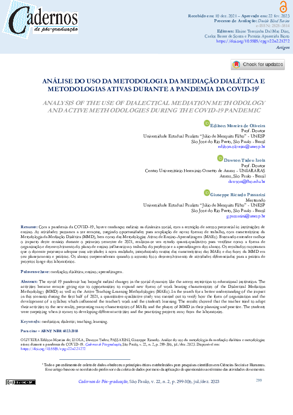 First page of “Análise do uso da metodologia da mediação dialética e metodologias ativas durante a pandemia da COVID-19”