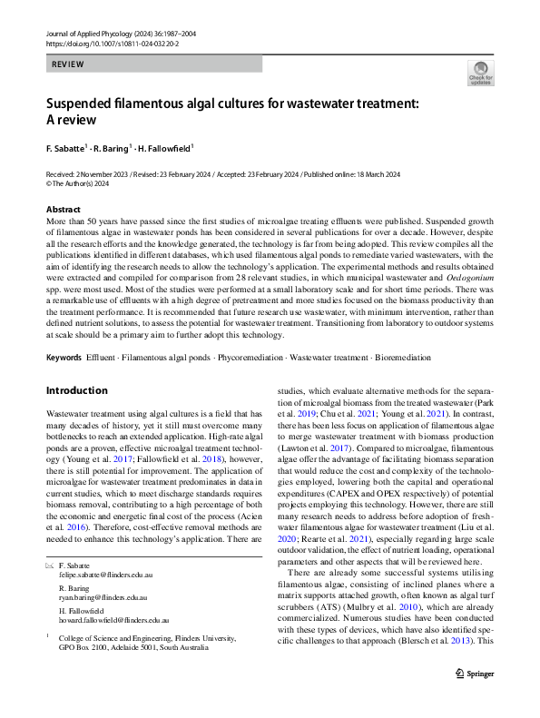 First page of “Suspended filamentous algal cultures for wastewater treatment: A review”