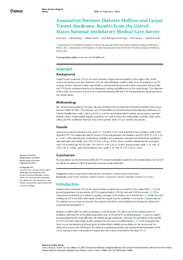 First page of “Association Between Diabetes Mellitus and Carpal Tunnel Syndrome: Results From the United States National Ambulatory Medical Care Survey”