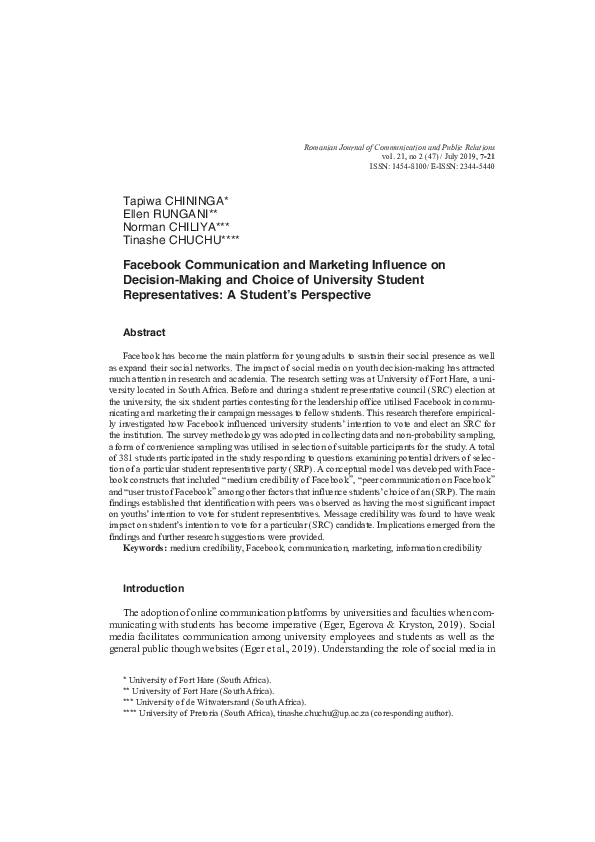 First page of “Facebook Communication and Marketing Influence on Decision-Making and Choice of University Student Representatives: A Student’s Perspective”