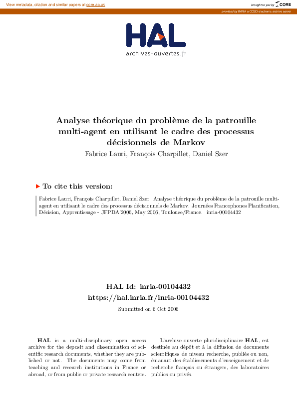 First page of “Analyse théorique du problème de la patrouille multi-agent en utilisant le cadre des processus décisionnels de Markov”