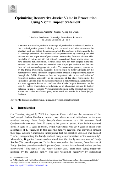 First page of “Optimizing Restorative Justice Value in Prosecution Using Victim Impact Statement”