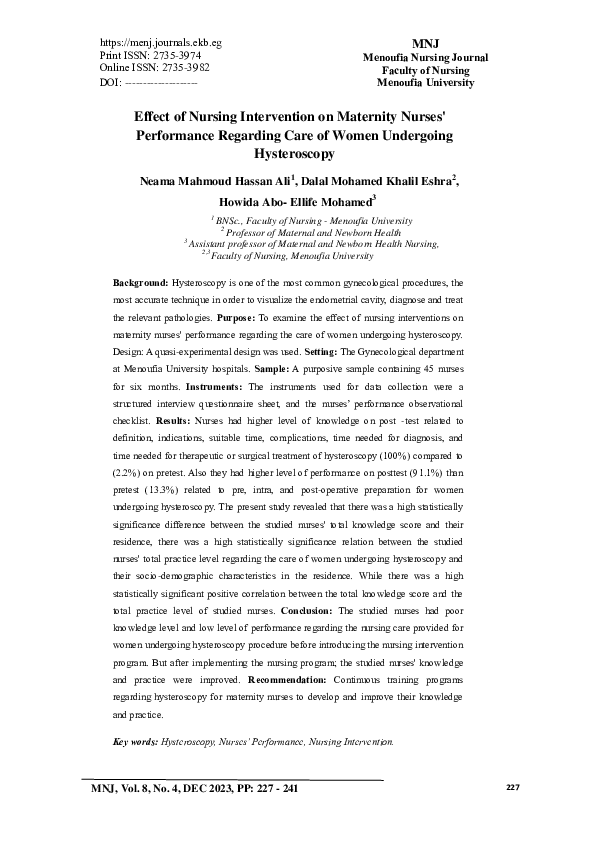 First page of “Effect of Nursing Intervention on Maternity Nurses' Performance Regarding Care of Women Undergoing Hysteroscopy”