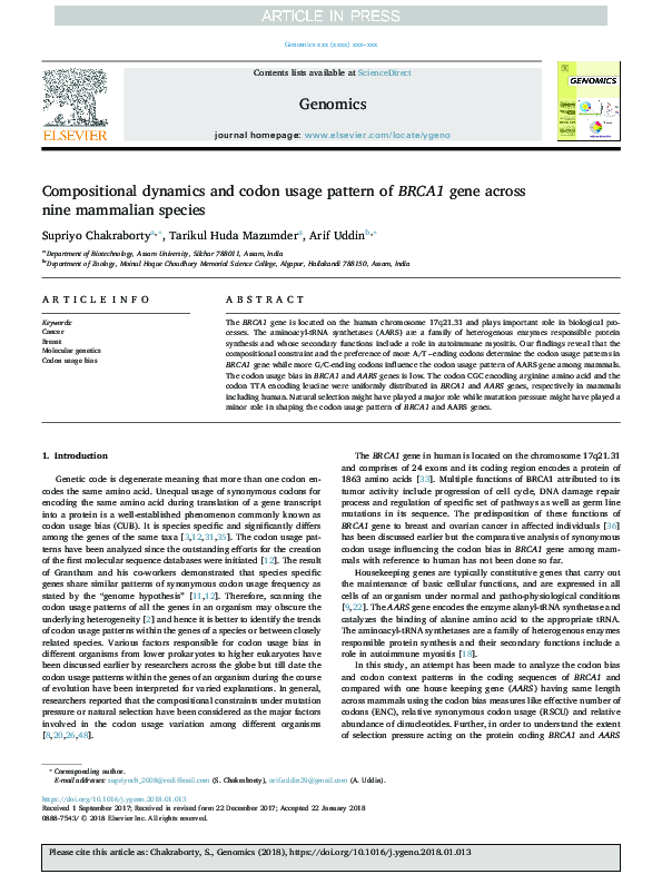 First page of “Compositional dynamics and codon usage pattern of BRCA1 gene across nine mammalian species”