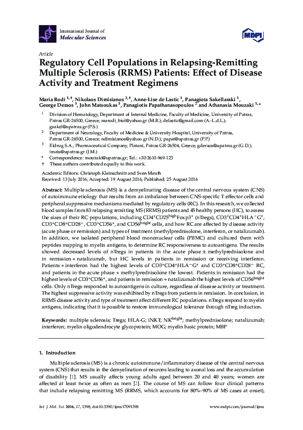 First page of “Regulatory Cell Populations in Relapsing-Remitting Multiple Sclerosis (RRMS) Patients: Effect of Disease Activity and Treatment Regimens”