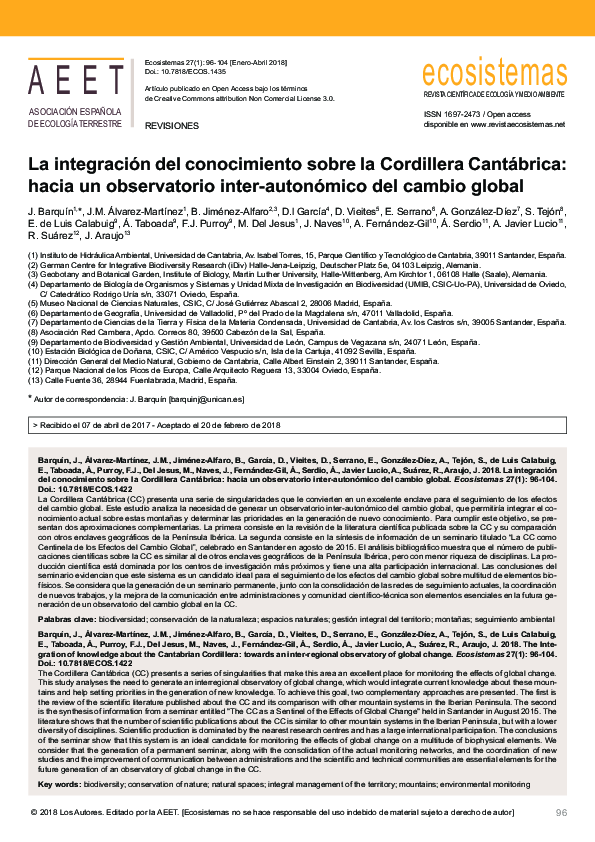 First page of “La integración del conocimiento sobre la Cordillera Cantábrica: hacia un observatorio inter-autonómico del cambio global”