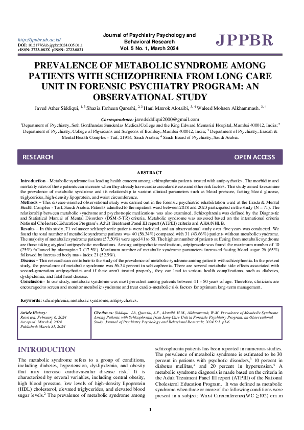 First page of “Prevalence of Metabolic Syndrome Among Patients with Schizophrenia from Long Care Unit in Forensic Psychiatry Program: An Observational Study”