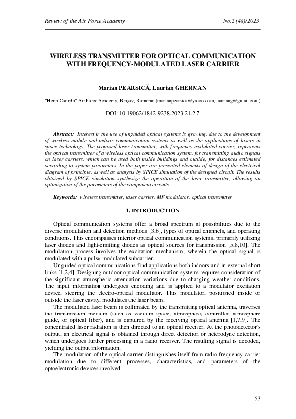 First page of “Wireless Transmitter for Optical Communication with Frequency-Modulated Laser Carrier”