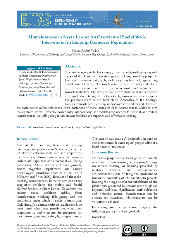 First page of “Homelessness in Sierra Leone: An Overview of Social Work Intervention in Helping Homeless Population”