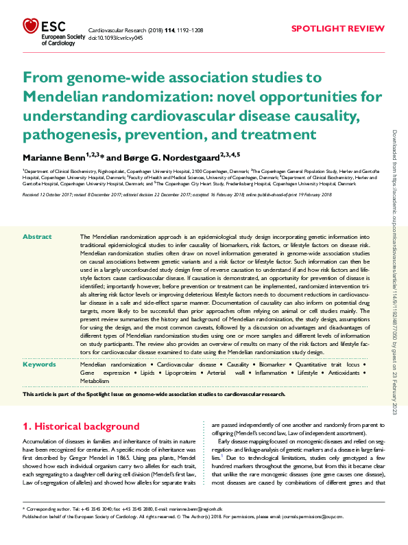 First page of “From genome-wide association studies to Mendelian randomization: novel opportunities for understanding cardiovascular disease causality, pathogenesis, prevention, and treatment”