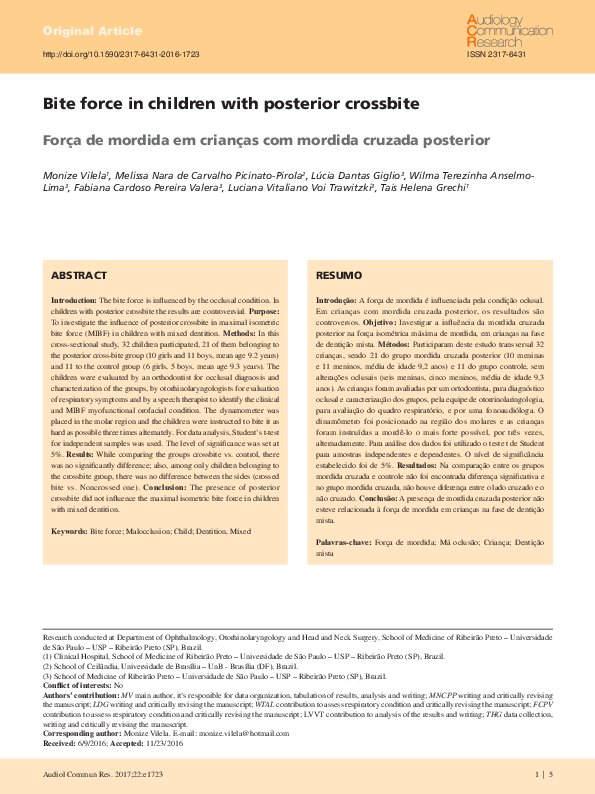 First page of “Força de mordida em crianças com mordida cruzada posterior”
