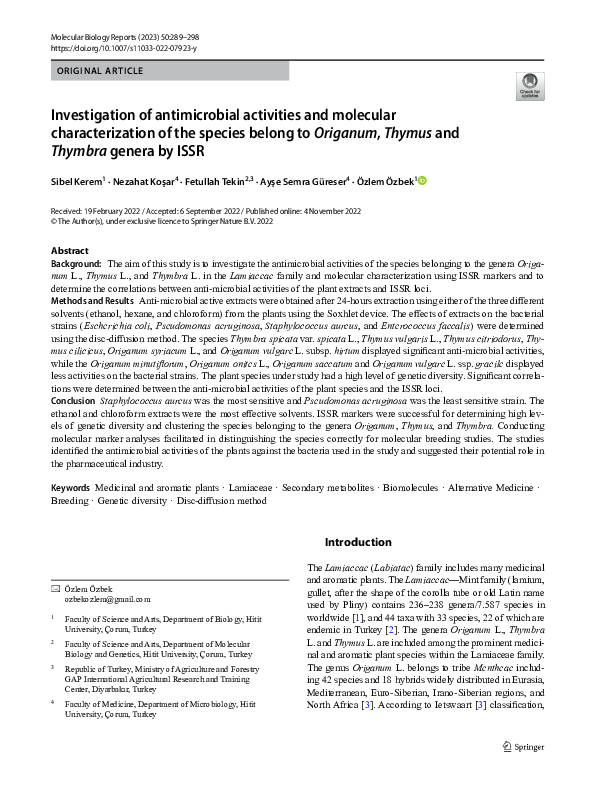 First page of “Investigation of antimicrobial activities and molecular characterization of the species belong to Origanum, Thymus and Thymbra genera by ISSR”